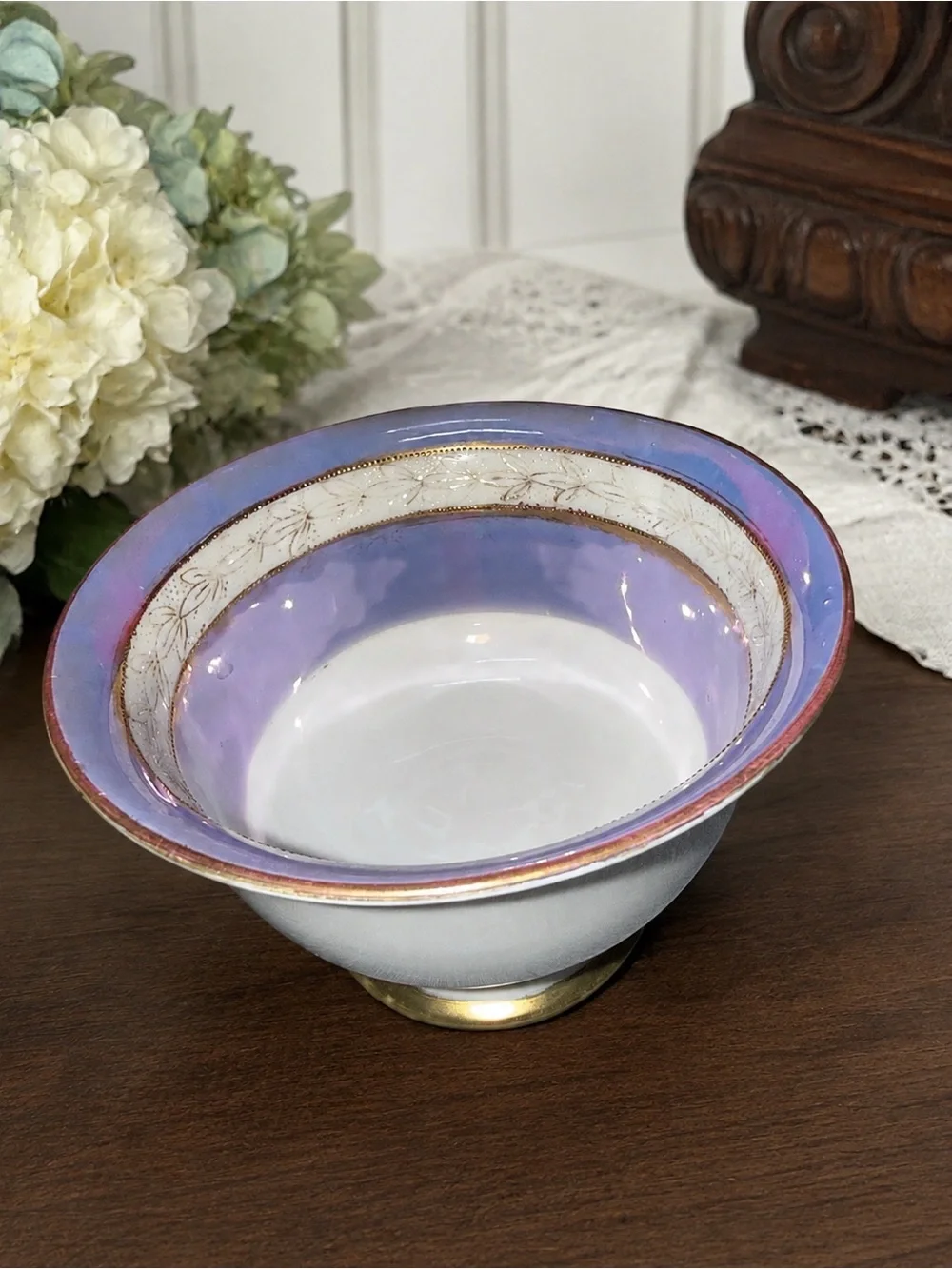 Vintage Noritake M Wreath Hand Painted Purple Luster Footed Bowl Japan